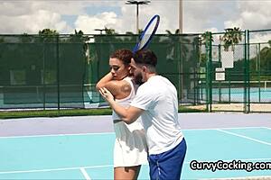 Curly ebony spinner eagerly mounts big cock after tennis match