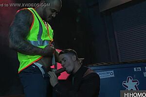 Gay bottom is overpowered with anal sex toy during a three-way scene
