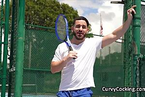 Curly ebony spinner eagerly mounts big cock after tennis match