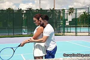 Curly ebony spinner eagerly mounts big cock after tennis match