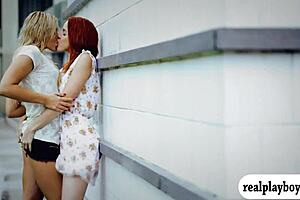 Two Babes Fuck Blue Dildo While Licking Each Other