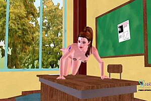 Cute teen girl in animated 3d video poses sexily and masturbates by fingering her pussy.