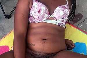 Ebony Naejaexx enjoys public masturbation with dildo on her big ass. She plays outdoors exposing small tits and using toys.