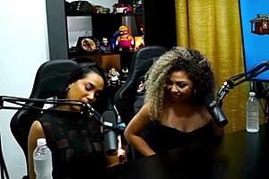 dani motta and danielly patricia show little tits and lick during podcast interview in sheer red