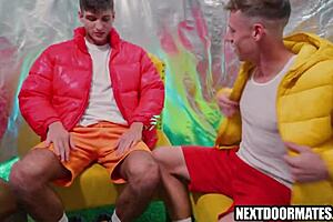 Athletic bodybuilders engage in intense bareback activities with ripped clothes