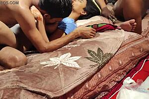 Sexy Asian village girls enjoy a foursome on the ranch