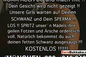 European slut in white lingerie sucks hairy beaver during group bukkake