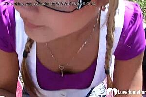 Blonde cutie sucks dick at playground, swallows cum
