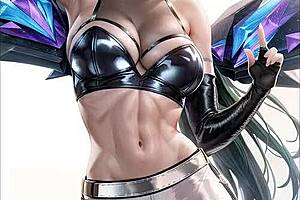 A gallery of lewd art, based on characters KDA and Kaisa from League of Legends, in an anime hentai scene