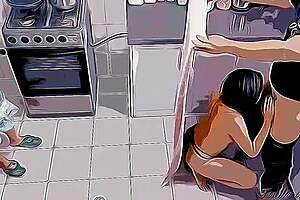 Me follo a mi hijastra caliente junto a su mamá en la cocina, cartoon hentai.