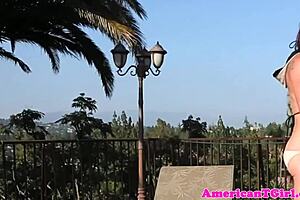 Busty transwoman intensely jerks her cock outdoors