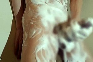 japanese guy strips naked in bathroom for solo play and release. just raw fun.