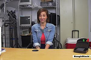 Sexy big titted chick in casting interview on wooden desk