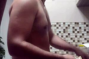 gay amateur bent over doggystyle while washing dishes