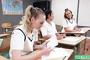 Katie Kush and Lily Larimar intensely finger and blowjob in student roleplay.