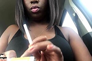 Black goddess stands tall in this car smoking sex scene