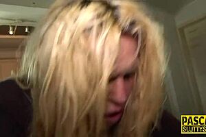 Kinky blonde with big tits gags on dick while choking during deepthroat