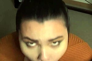 Brunette swallows cum after orgasm blowjob, creampie in mouth