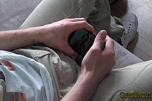 Uncut european hunk enjoys solo masturbation and cumshot