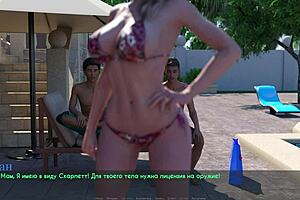 Mother-in-law in bikini seduces wife during shop game, nipples hard