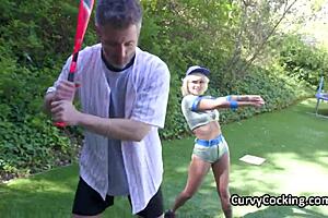 Sporty blonde with tattoo loves baseball and cock after training