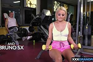 Hot blonde teen 18+ anina silk doing her daily workout on grandpas big dick