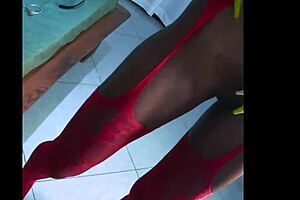 Hot Ebony babe in red tempting high heels for those who love tight pussy