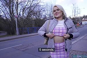 A lovely blonde girl takes a blowjob for money before going doggystyle