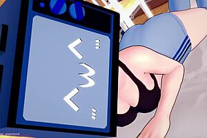 TV woman enjoys hot exercises in sportswear on toilet