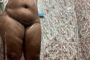 Hidden Filming Of Shaved Brunette In Shower, Big Ass And Monster Cock Orgasm