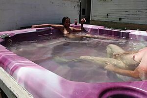A second time, slender beauties play in hot tub pleasure
