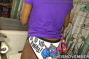 Pretty Girl Gets Dressed In Bathroom, Pulling Up Panties