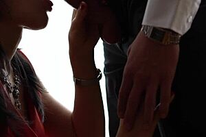 Amateur deepthroat from hot wife in red dress for friend he cum in her mouth!