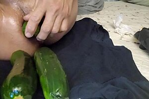 green zucchini slowly stretches my tight asshole to the limit