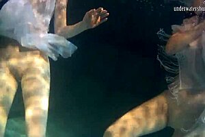 Amateurs from Russia Polcharova and Siskina strip nude and have fun in the pool