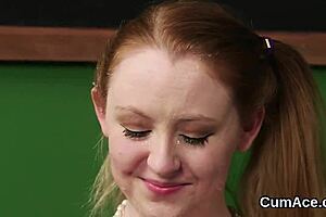 flirty centerfold gets cum shot on her face gulping all the semen