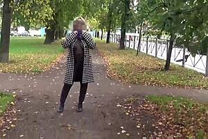 Sexy Milf Walks In Transparent Nylon Outdoors