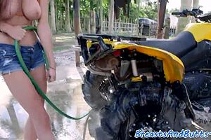 This busty babe in a bikini gets spooned outdoors with deepthroat action.