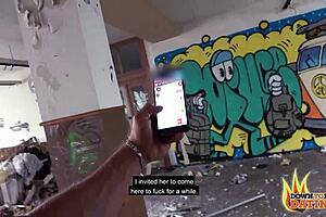 Older naked woman with tattoos penetrates in a abandoned house