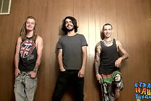 Hot twinks jack off big dicks in threesome