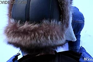 Blonde sexy slut gives pov blowjob, cum in mouth, facefuck outside in public snow, deepthroat throbbing creampie close up