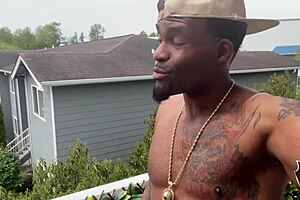 Big cocked rome major cums on tattooed virah payam's tongue in lingerie stockings