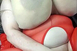 Big boobs redheaded woman in red stocky tights satisfied BBC toy