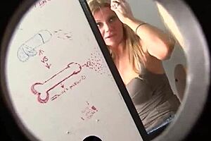 Wow, Christina Skye sucking boss's cock through washroom gloryhole, unreal! 😲