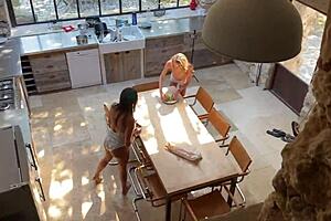 Anissa Kate, Megane Lopez, and Angel Emily swallow Mike Angelo's cum after triple blowjob.