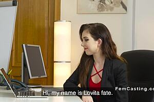 female agent toys with brunette lesbian on office sofa in czech reality