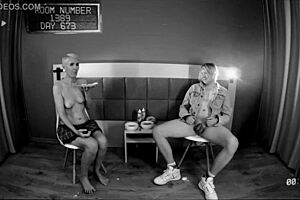 Short haired babe experiments with enema and milk