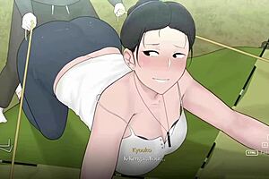 Camp adventure with big tits mom in extended game, joined by my friend