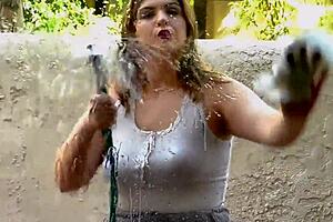 Big Girl Riley Washes Sliding Door Window