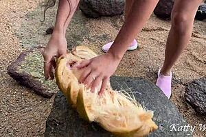 Naked girl pours coconut juice 😍